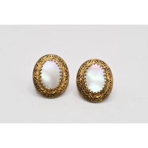 Vintage Mother of Pearl Clip Earrings Gold Tone Oval 1.125in